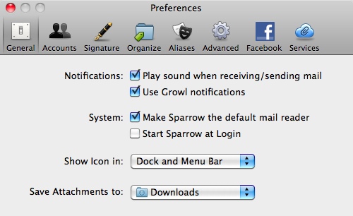 Sparrow : Preferences window