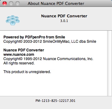 Nuance PDF Converter for Mac 3.0 : About Window