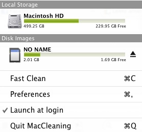 MacCleaning Free 1.0 : Menu