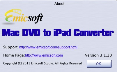 Emicsoft Mac DVD to iPad Converter 3.1 : About window