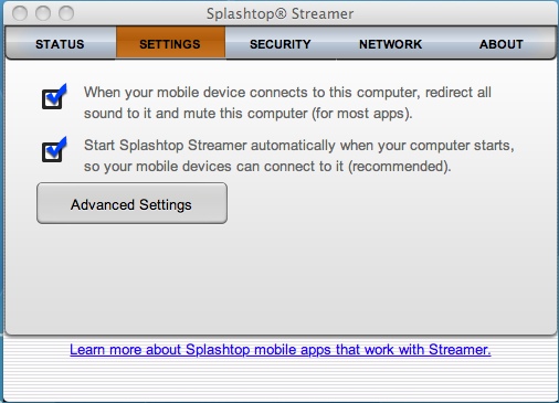Splashtop Streamer 1.7 : Settings tab
