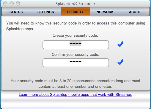 Splashtop Streamer 1.7 : Security tab