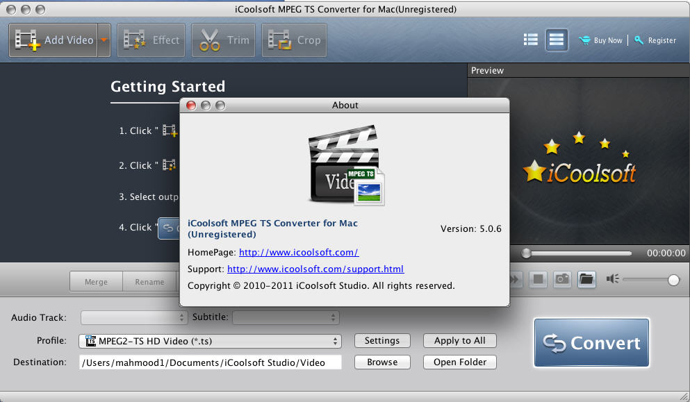 iCoolsoft MPEG TS Converter for Mac 5.0 : Main Window