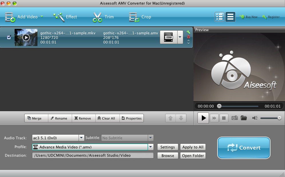 Aiseesoft AMV Converter for Mac 6.2 : Main window