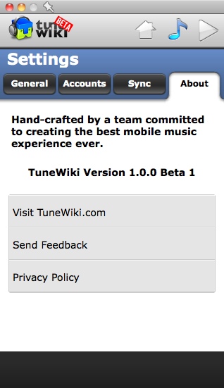 TuneWiki 1.0 beta : About Window