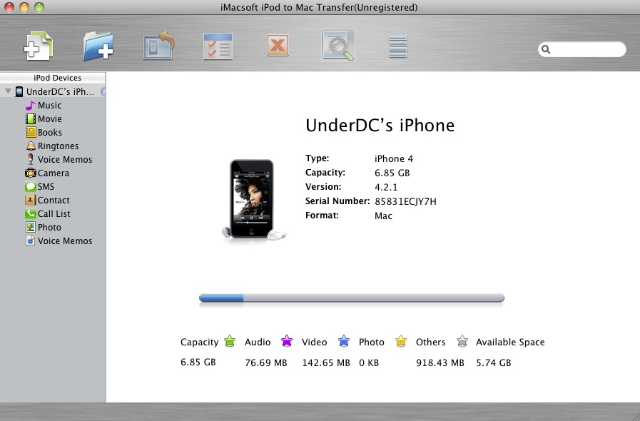 iMacsoft iPod to Mac Transfer 2.7 : Main window