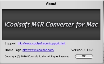 iCoolsoft M4R Converter for Mac 3.1 : About window
