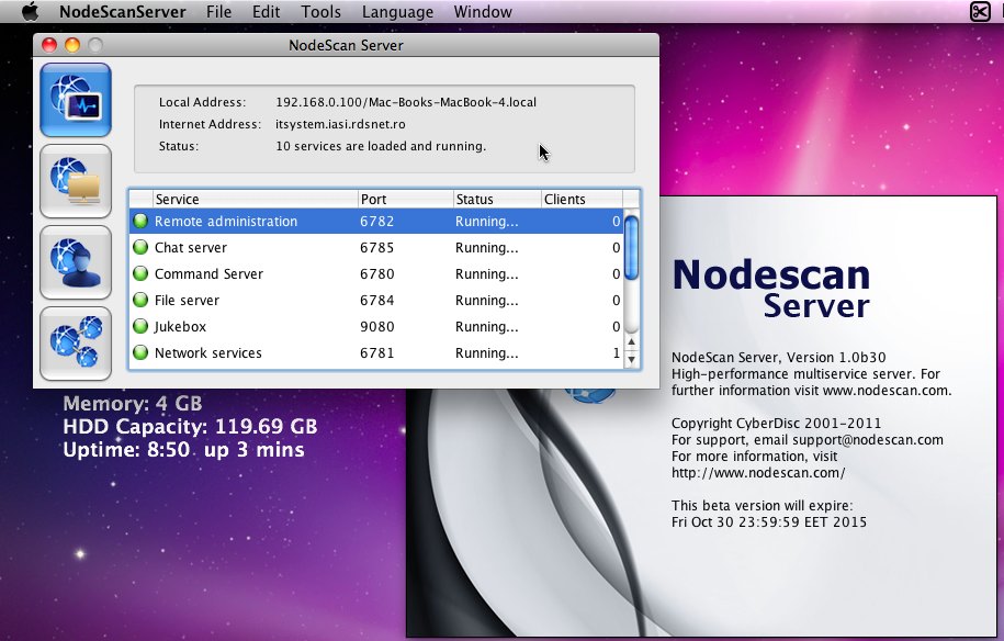 NodeScan Server b19 1.0 beta : Main window