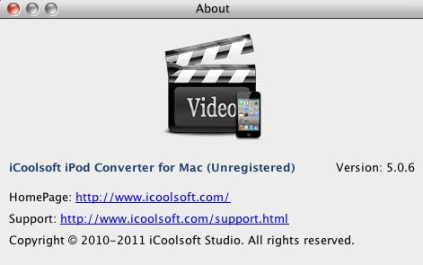 iCoolsoft iPod Converter for Mac 5.0 : About window