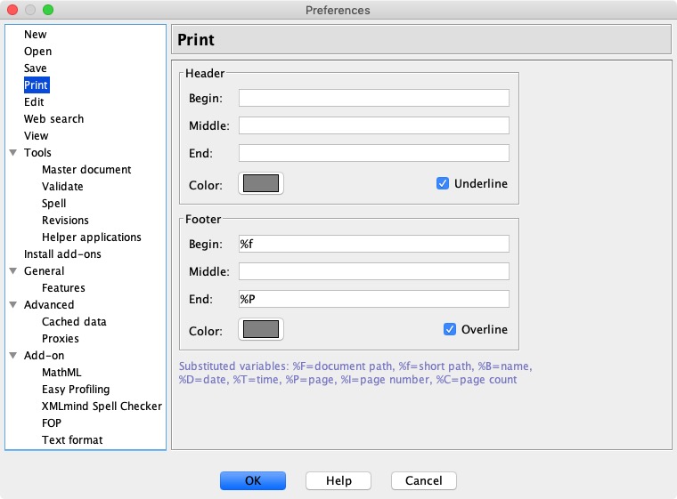 XMLEditor 9.2 : Print Preferences