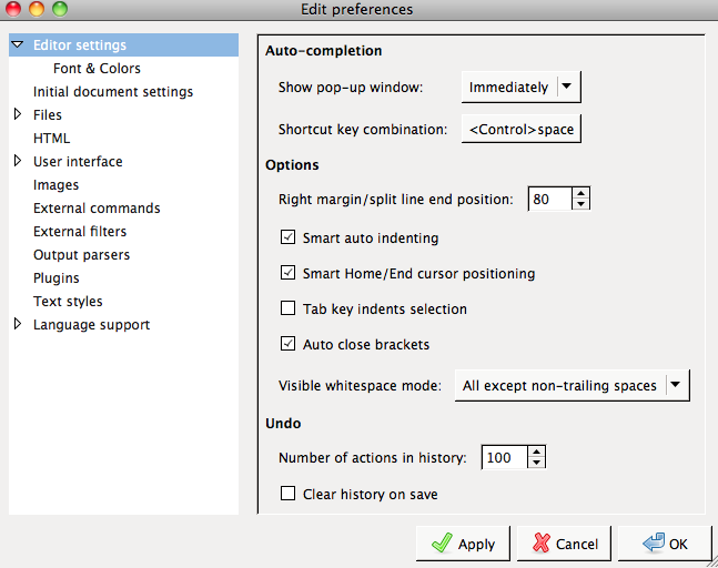 Bluefish 2.2 : Program Preferences with Auto Completion Support