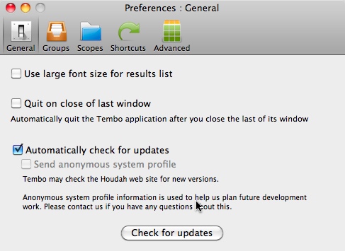 Tembo - Find Files 1.7 : Settings Window