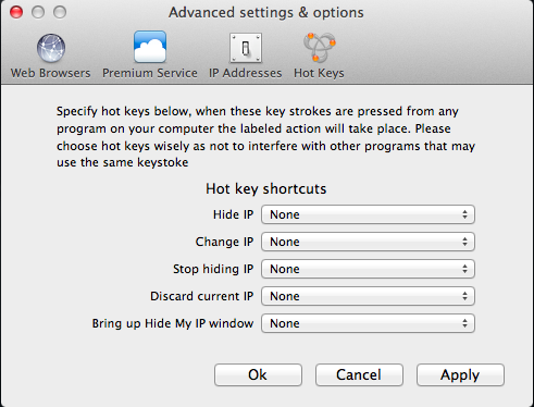 Hide My IP 5.3 : HotKeys Configuration Window