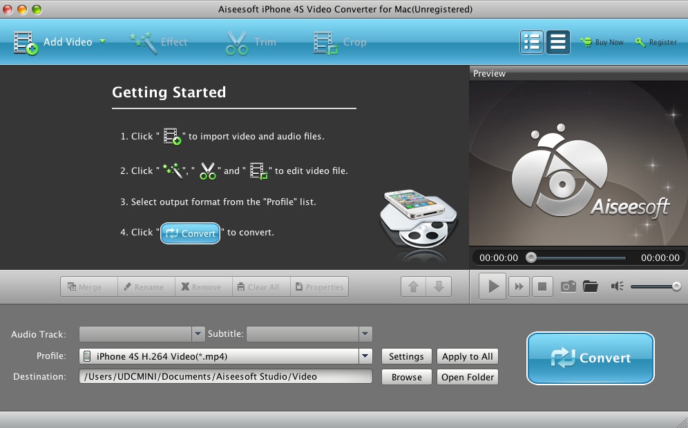 Aiseesoft iPhone 4S Video Converter for Mac 6.2 : Main window