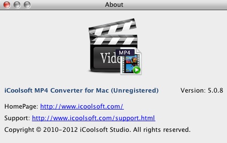 iCoolsoft MP4 Converter for Mac 5.0 : About window