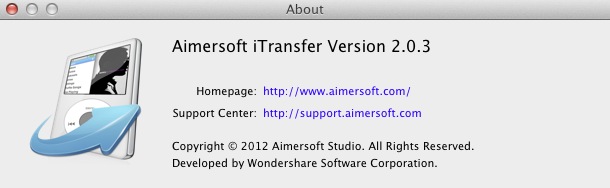 Aimersoft iTransfer 2.0 : About window