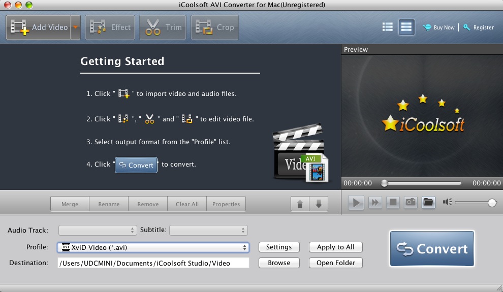 iCoolsoft AVI Converter for Mac 5.0 : Main window