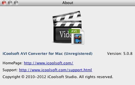 iCoolsoft AVI Converter for Mac 5.0 : About window