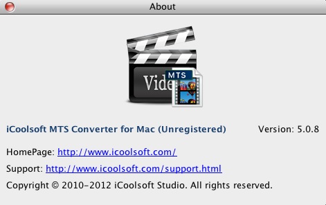 iCoolsoft MTS Converter for Mac 5.0 : About window