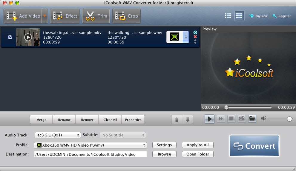 iCoolsoft WMV Converter for Mac 5.0 : Main window