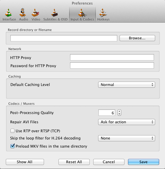 VLC media player 2.0 : Preferences - Input and Codecs