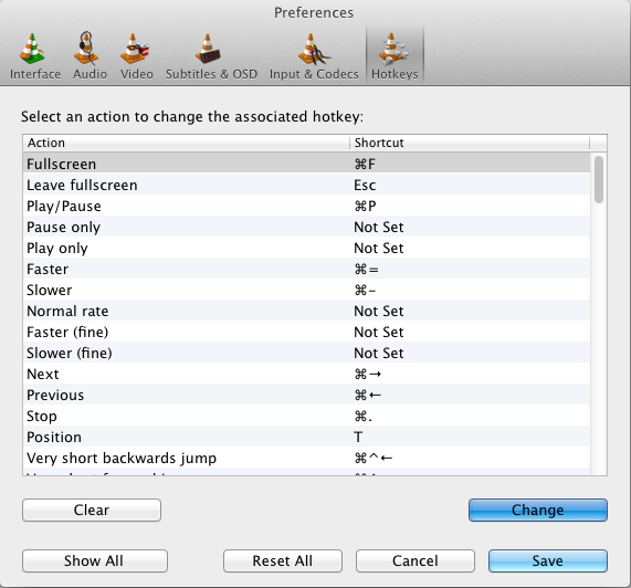VLC media player 2.0 : Preferences - Hotkeys