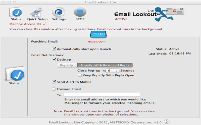 Email Lookout Lite 1.0 : Main window