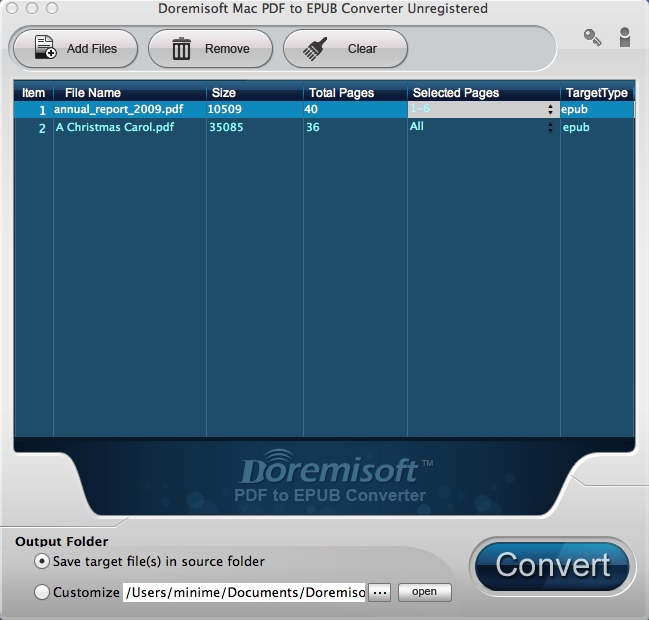 Doremisoft Mac PDF to EPUB Converter 3.1 : Main Window
