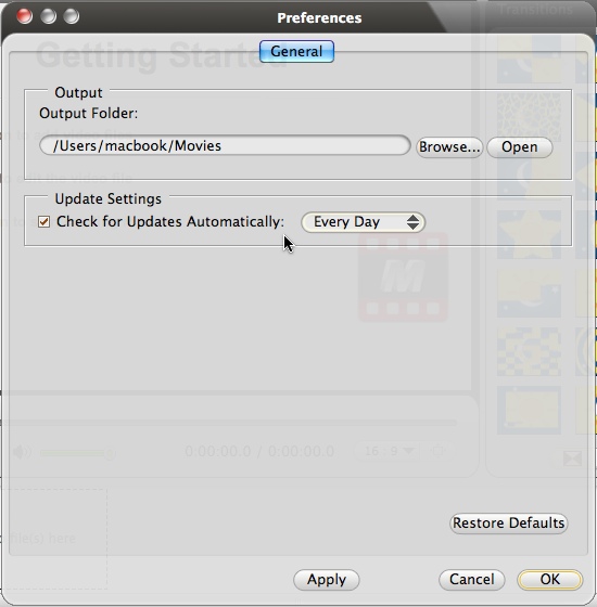 ImTOO Movie Maker 6 6.5 : Preferences window