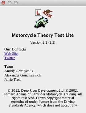 Motorcycle Theory Test Lite 2.2 : About window