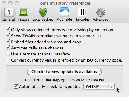 Home Inventory 2.6 : Settings Window