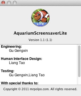 Aquarium Screensaver Lite 1.1 : About window