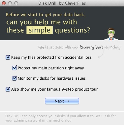 Disk Drill 1.7 : Welcome screen
