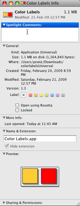 Color Labels 1.3 : Info window