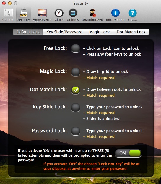Lock Your Screen 1.6 : Security settings