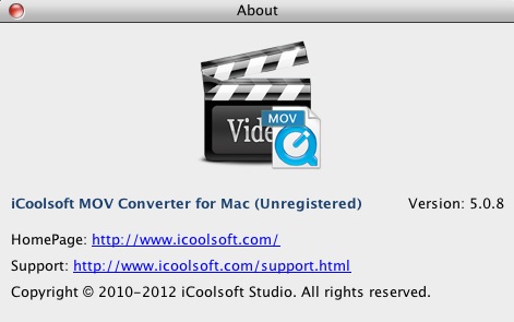 iCoolsoft MOV Converter for Mac 5.0 : About window