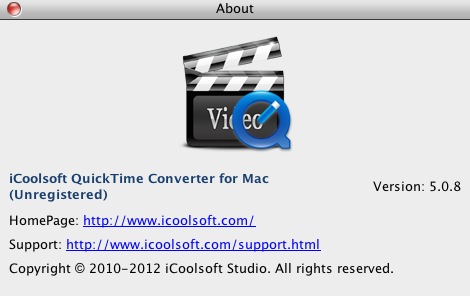 iCoolsoft QuickTime Converter for Mac 5.0 : About window