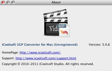 iCoolsoft 3GP Converter for Mac 5.0 : About window
