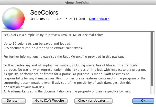 SeeColors 1.1 : About screen