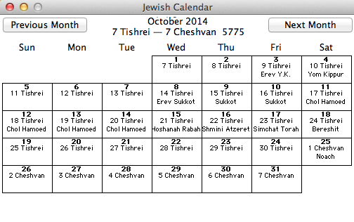 Original Jewish Calendar 2.1 : Holidays Displayed