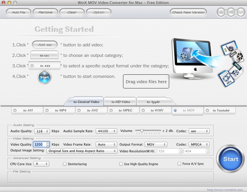 WinX MOV Video Converter for Mac - Free Edition 2.8 : Main window
