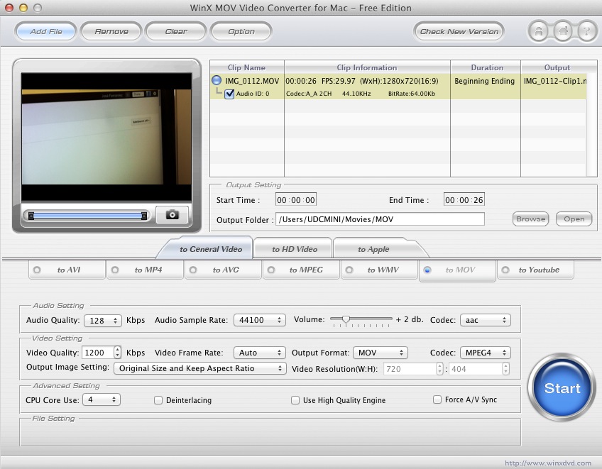 WinX MOV Video Converter for Mac - Free Edition 2.8 : File loaded