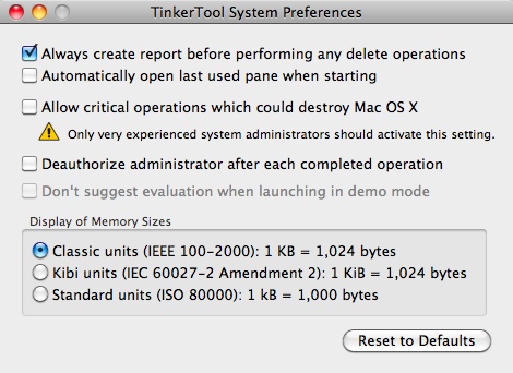 TinkerTool System 2.9 : Preferences window