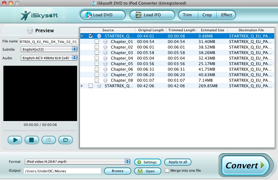 iSkysoft DVD to iPod Converter 1.9 : Main window