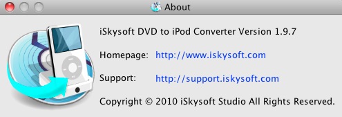 iSkysoft DVD to iPod Converter 1.9 : About window