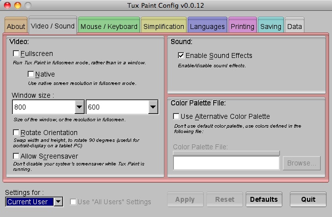 Tux Paint Config : Video and sound tab