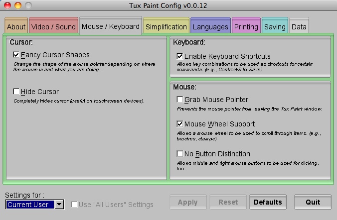 Tux Paint Config : Mouse and keyboard tab