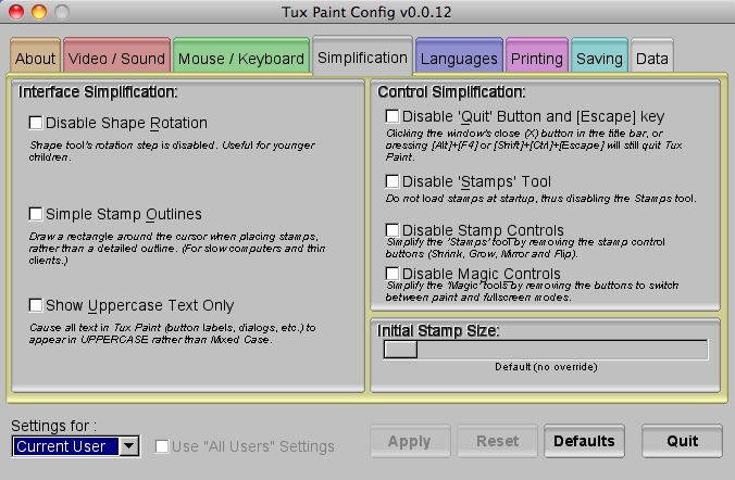 Tux Paint Config : Simplification tab