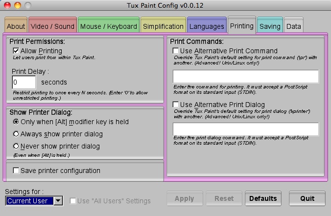 Tux Paint Config : Printing tab