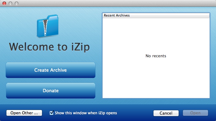 iZip 2.3 : Welcome Window